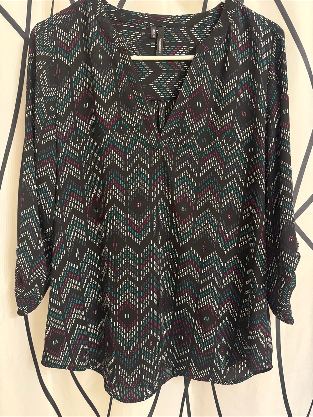 Excellent Maurices Black Aztec-Print Blouse - Medium